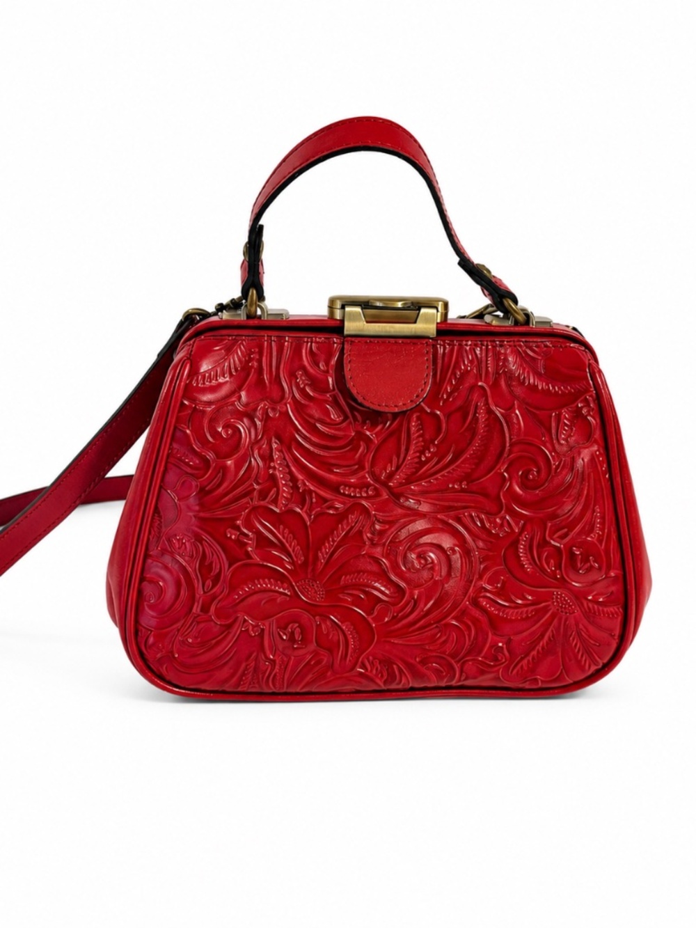 Patricia Nash Red Tooled Leather Gracchi Frame Satchel Handbag